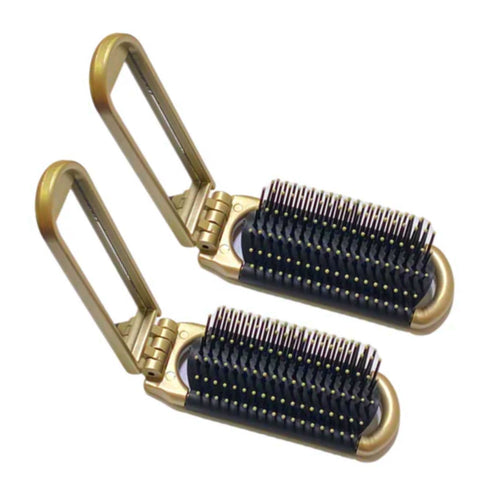 2 Champagne Color ALAZCO Folding Hair Brush With Mirror Compact Pocket Size Travel Car Gym Bag Purse Locker Swimming Camping Sleepover Gift and more