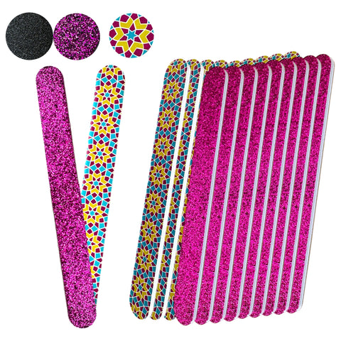 20 pc ALAZCO Premium Nail Files Coarse Medium Grit Professionals & DIY Washable Emery Boards for Natural Acrylic Gel Press-On Nails Travel TSA Friendly Geometric Pattern/Black & Pink Glitters