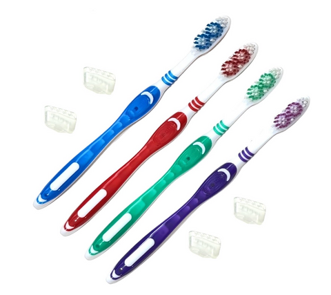 4pc Adult Medium Bristles Toothbrush with Caps Comfort Hold Deep Clean Cheek & Tongue Cleaner Round Circular with Caps Travel TSA Approved Cyclone Tooth Brush