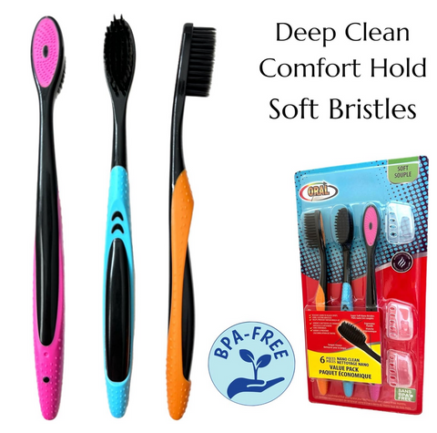 3pc Neon & Black Soft Bristles Toothbrush Deep Cleaning Sensitive Teeth Gum Extra Fine Bristles Cheek & Tongue Cleaner Ergonomic Non-Slip Comfort Hold Tooth Brush & Caps TSA Approved BPA Free