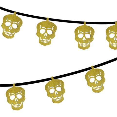 2 Halloween Skull Garland Banner Decorations Scary Spooky Sparkly Glittery Gold Black Reversible Gothic Witchy Birthday Party Day of the Dead Dia de los Muertos 12 Skulls each (5 ft. Each)