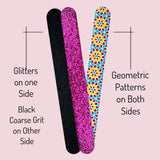 20 pc ALAZCO Premium Nail Files Coarse Medium Grit Professionals & DIY Washable Emery Boards for Natural Acrylic Gel Press-On Nails Travel TSA Friendly Geometric Pattern/Black & Pink Glitters