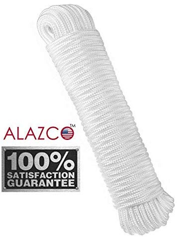 1 ALAZCO 80 ft. Extra Strong Diamond Braid Polypropylene Multi-Purpose Flag Line Rope - Weather Resistant Shock Absorbent Heavy Duty Poly 3/16’’ Thick (1 Rope Only)