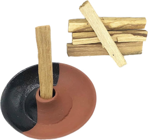 Premium Collection Clay Palo Santo Holder (Two-Tone, Black & Clay Holder) and 5 Genuine Palo Santo Sticks Purification Kit Meditation Focus Healing - Sustainably Made in India