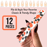  12pc White Orange/Black Fashion Print Dual-Sided Nail Medium & Fine Grit File Emery Board Cushioned Easy Grip Comfort Filing Smoothing Finishing All Nails 5” Travel Size TSA Approved