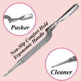 Comfort Hold Easy Grip Ergonomically Angled Curved Cuticle Pusher Tool Heavy Duty 5" Double Ended Pusher & Cleaner - Premium Pakistan Stainless Steel
