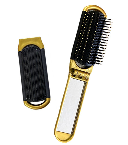  2 GOLD ALAZCO Folding Hair Brush With Mirror Compact Pocket Size Travel Car Gym Bag Purse Locker 