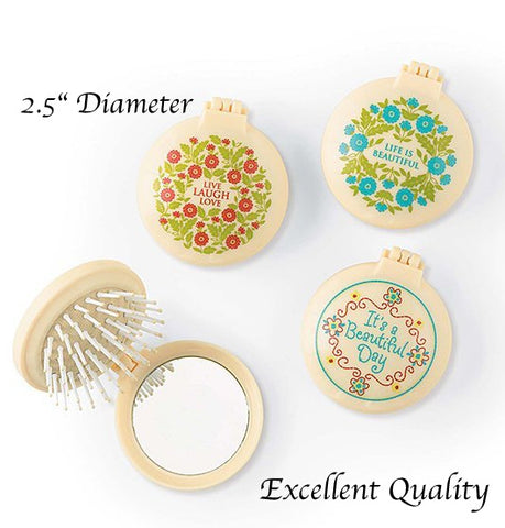  3pc Inspirational 2.5" Diameter Folding Hair Brush with Compact Mirror Pocket Size Travel Car Gym Bag Purse Locker Gift of positive Vibes IT'S A BEAUTIFUL DAY, LIFE IS BEAUTIFUL and LIVE LAUGH LOVE 